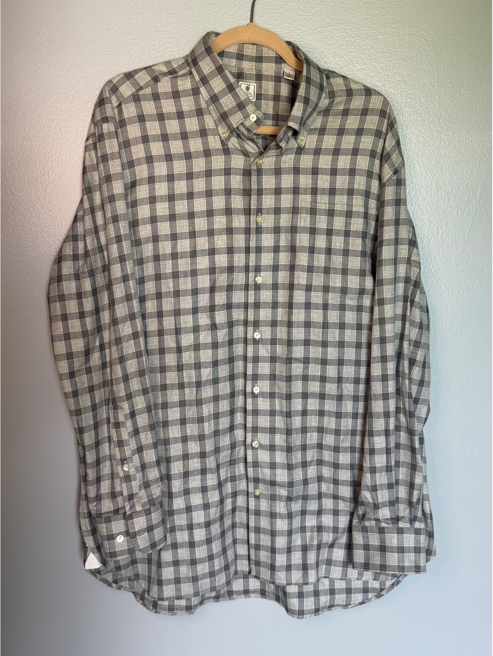Peter Millar Men's Gray and White Check Dress Shirt Size Large